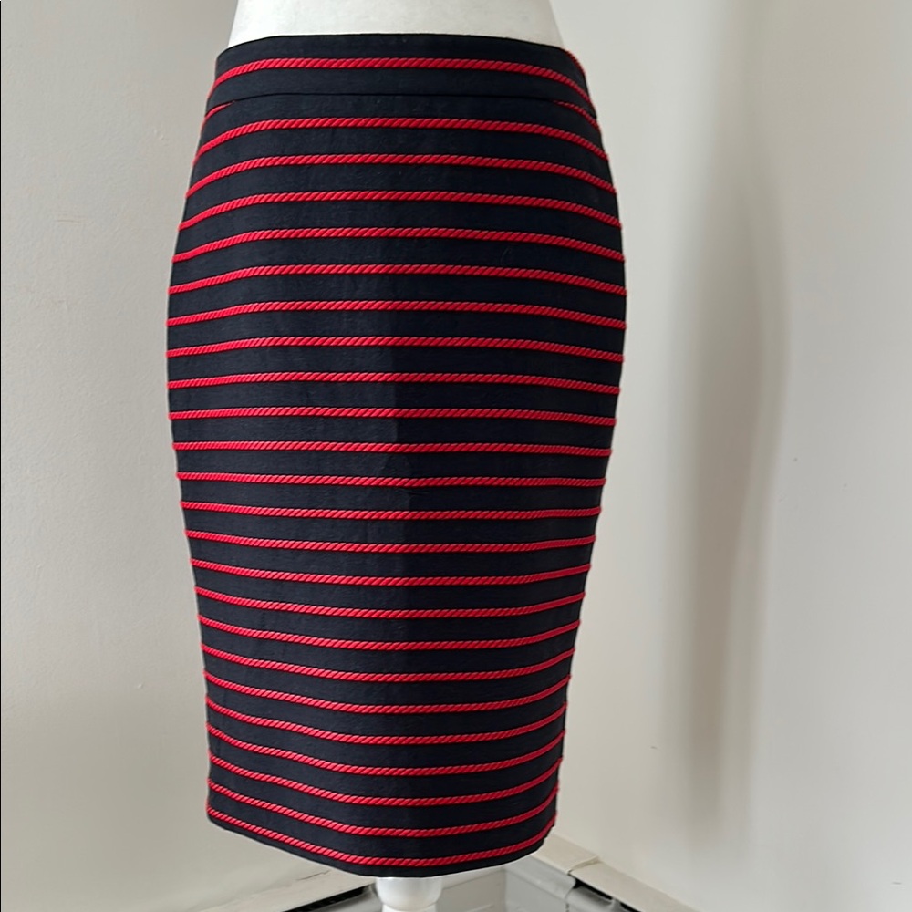 J. Crew Navy Blue/Red Striped Cotton Pencil Skirt sz 4